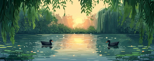 Wall Mural - Serene countryside millpond surrounded by weeping willows, with ducks swimming on the surface. Vector flat minimalistic isolated illustration.