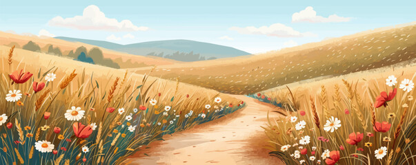 Wall Mural - Serene countryside path winding through fields of wildflowers and golden wheat. Vector flat minimalistic isolated illustration.