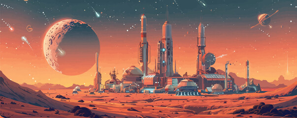 Wall Mural - space colony on a distant planet, with domed habitats, solar panels, and advanced technology. vector