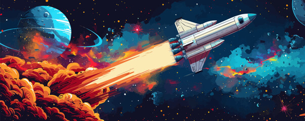 Wall Mural - space expedition with interstellar ships, space exploration, and astronomical discoveries. vector fl