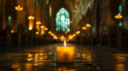A lone candle burns in a dark church. The flickering light casts shadows on the walls and floor.