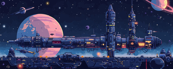 Wall Mural - spacious space station with antennas, ships, and space modules. vector flat minimalistic isolated il