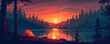 © Павел Озарчук - Stylized illustration with camping tent and campfire during sunset golden hour in woods near lake. vector simple illustration