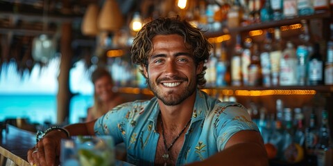 At the shore bar, a cheerful bartender serves cocktails with a smile, embodying coastal relaxation.