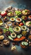 © Nattakarn - Middle Eastern food, including hummus, falafel, pita bread, olives, and vegetables. The food is arranged on a rustic wooden table and looks delicious.