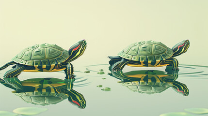 Digital art of two colorful turtles reflecting on a calm water surface, with a surreal greenish hue.