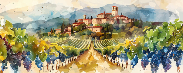 Vineyard on the background of medieval castle. Watercolor style. vector simple illustration