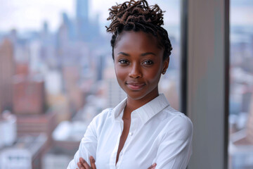 Wall Mural - African business woman in formal white shirt, smiling in the office workplace