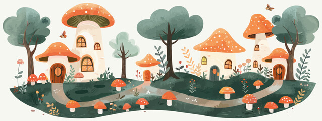 Wall Mural - Whimsical fairy village tucked away in the forest, with tiny mushroom houses and winding paths. Vector flat minimalistic isolated illustration.