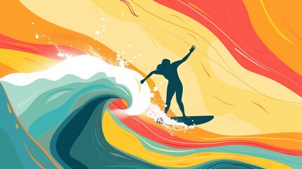 Wall Mural - Abstract background template of a surfer surfing with tides.