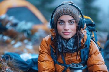 Wall Mural - Latin woman is camping outdoors with a headphone on her head