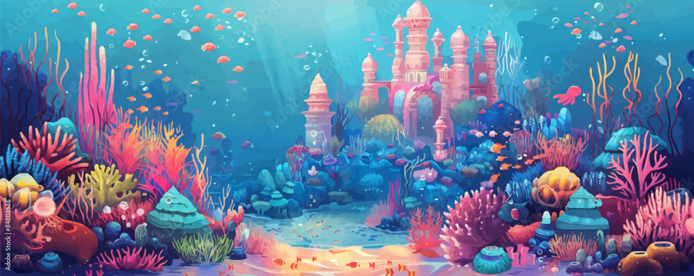 Whimsical underwater mermaid city with coral palaces, seashell towers ...