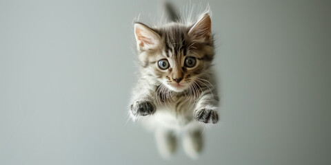 Adorable kitten jumping towards camera with curious expression