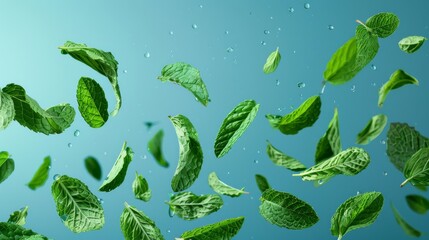 Wall Mural - Mint leaves explosion isolated on solid blue screen background