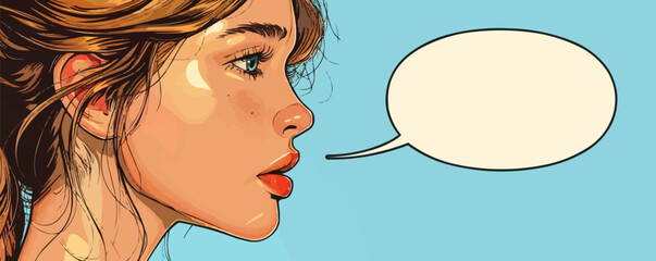 Wall Mural - Woman with a speech bubble. Portrait of a young beautiful girl talking, saying something. Expressing opinion, communication concept. Side view of an attractive female face. Trendy vector illustration