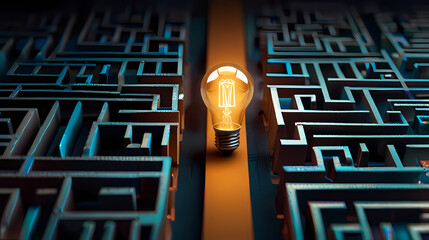 Background an intricate maze where the path leads to a lightbulb