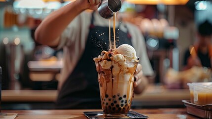 Poster - A barista adding a scoop of ice cream to a bubble milk tea drink, creating a decadent and indulgent treat.