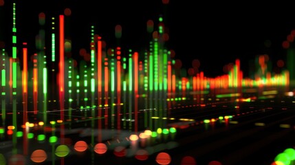 Poster - A candlestick chart tracking stock market performance, with green and red candles indicating price movements.