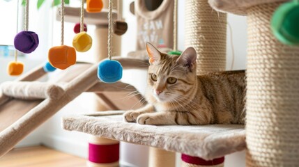 Poster - A cat playground with tunnels, ramps, and dangling toys, providing endless entertainment for energetic cats.