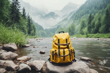 Wall Mural - A yellow backpack stands on a stone overlooking a mountain lake. Equipment and accessories for mountain hiking in the wilderness.