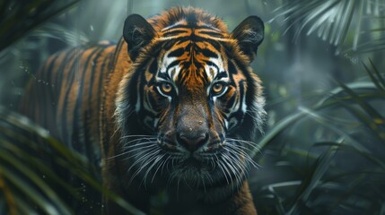 Wall Mural - A majestic tiger walks through the dense foliage of a jungle, its stripes blending seamlessly with the shadows