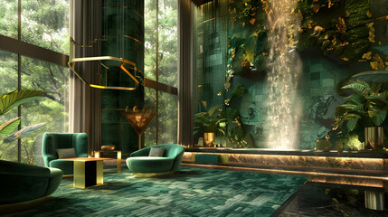 A stylish hotel with a deep green and gold color scheme, panoramic windows, and a cascading waterfall feature