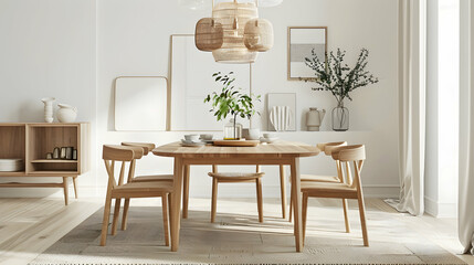 Wall Mural - A stylish, Scandinavian dining area with light wood furniture, neutral tones, and minimalist decor