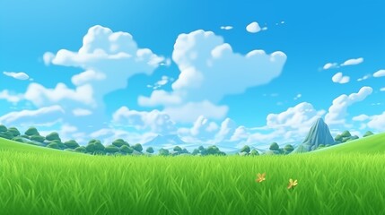 Wall Mural - A serene landscape with a lush green meadow under a clear blue sky with puffy white clouds and distant hills.