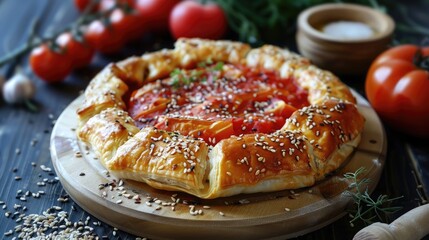 Sticker - Home baked pastry filled with tomato sauce and topped with sesame seeds and baked