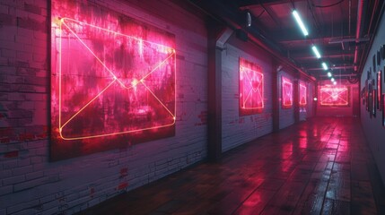 Fototapete - Conceptualize a neon exhibit of digital communication symbols, featuring shimmering