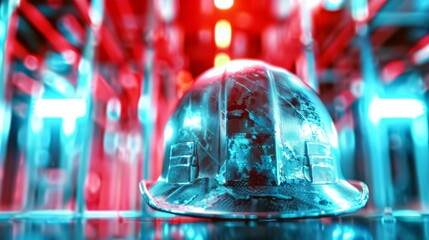Security black blue helmet, dramatic background, production hall, construction site, workplace background, blue accent, postproduction effect, dramatic yellow and red lights, gentle, generated with AI