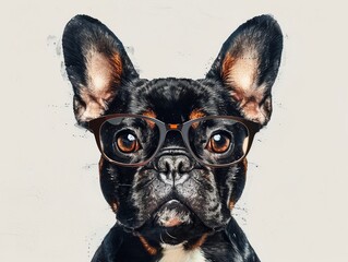 Stylized french bulldog wearing oversized glasses, portrayed in a simple, graphic art style with a white background., generated with AI