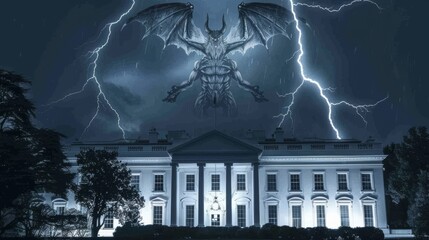 Wall Mural - The white house, the residence of the president of the united states, with a dark, stormy sky behind it, and behind the white house, the dark silhouette of a devil., generated with AI