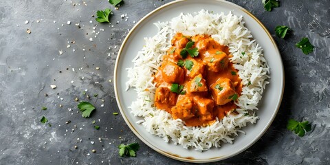 Wall Mural - Overhead Shot of Butter Chicken and Basmati Rice on a Plate. Concept Food Photography, Indian Cuisine, Overhead Shot, Food Styling, Recipe Presentation