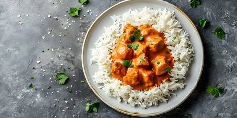 Sticker - Overhead Shot of Butter Chicken and Basmati Rice on a Plate. Concept Food Photography, Indian Cuisine, Overhead Shot, Food Styling, Recipe Presentation