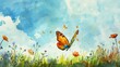 © Joyce - Artistic watercolor painting drawing of beautiful butterfly flying over flower fields