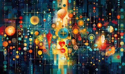 A mesmerizing illustration of medical icons radiating light and color, capturing the imagination and inspiring creativity in the realm of healthcare design innovation