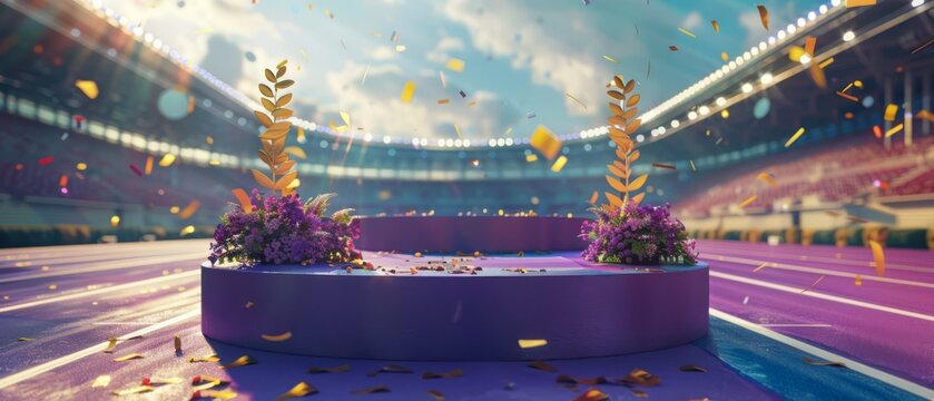 Three olympic purple podiums decorated with golden laurel leaves, tv commercial, generated with AI	