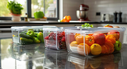 Wall Mural - Closeup of transparent food containers with fresh fruits and vegetables on the kitchen counter, ready for a meal in the style of modern home interior background.