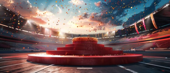 Wall Mural - Three olympic red podiums decorated with golden laurel leaves, tv commercial, generated with AI	