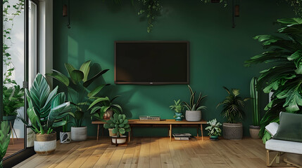 Wall Mural - Chic living room with a TV on an emerald green wall, white walls, bamboo flooring, and a variety of succulents