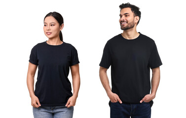 Wall Mural - Woman and man wearing black t-shirts on white background, collage of photos