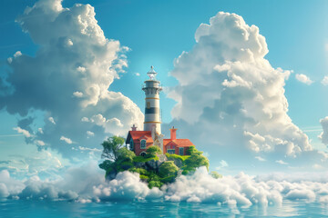 Wall Mural - 3D cartoon fantasy house on an island with a lighthouse in the middle of the ocean surrounded by clouds