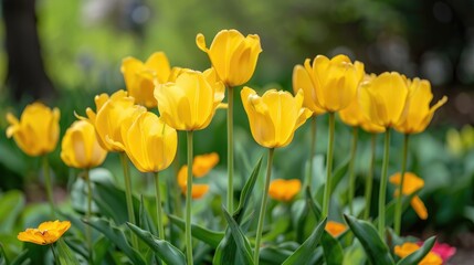 Wall Mural - Close up of yellow tulips in a flower bed during spring season