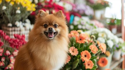 A cheerful Pomeranian sitting among colorful flowers in a light-filled flower shop, light background with vibrant blooms, showcasing a bright, joyful setting.