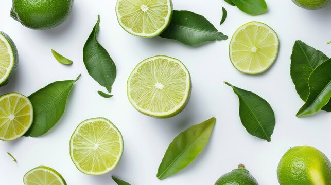 Fresh ripe limes with green leaves on a white background both whole and sliced arranged in a flat lay