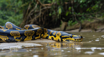 Wall Mural - A giant python floated on its back in the Amazon jungle, with black gold stripes and an extremely long body that covered half of the water surface