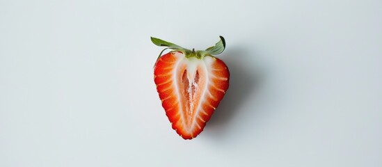 A solo strawberry: one of three fruits, sliced in half against a white backdrop