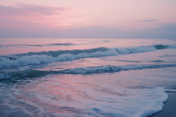 a peaceful beach with rolling waves and a pastel-hued sky during sunset, focusing on the rhythmic motion of the water.