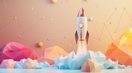 Poster - Business growth concept illustrated with a rocket rising over a growth chart on a pale blue background. Stock AI.